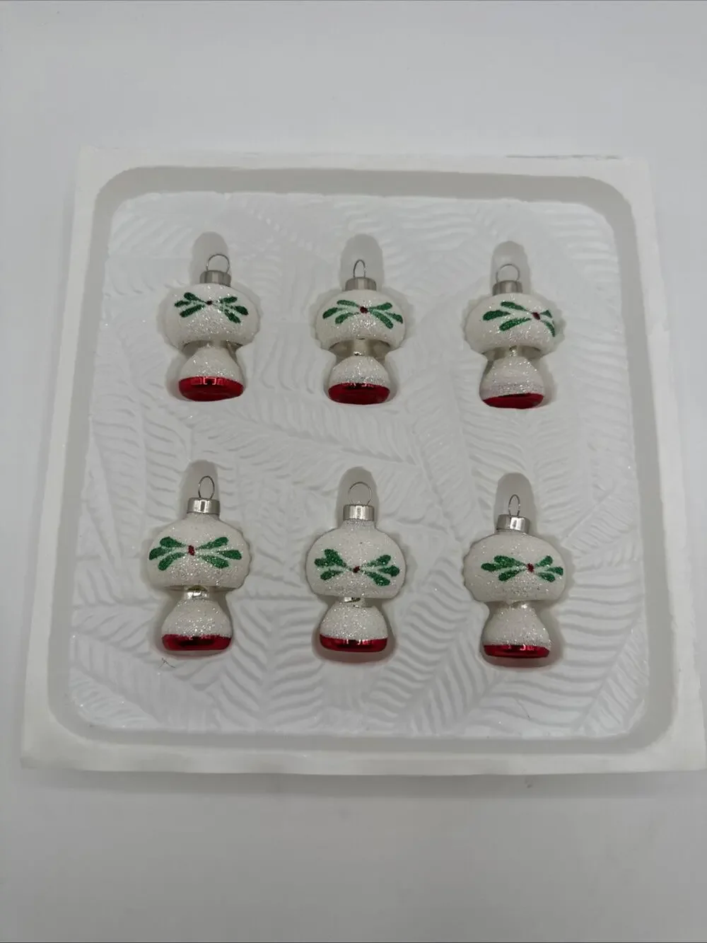 VTG 6 Lantern Mushroom White Glitter Red Green Silver Glass Christmas Ornament